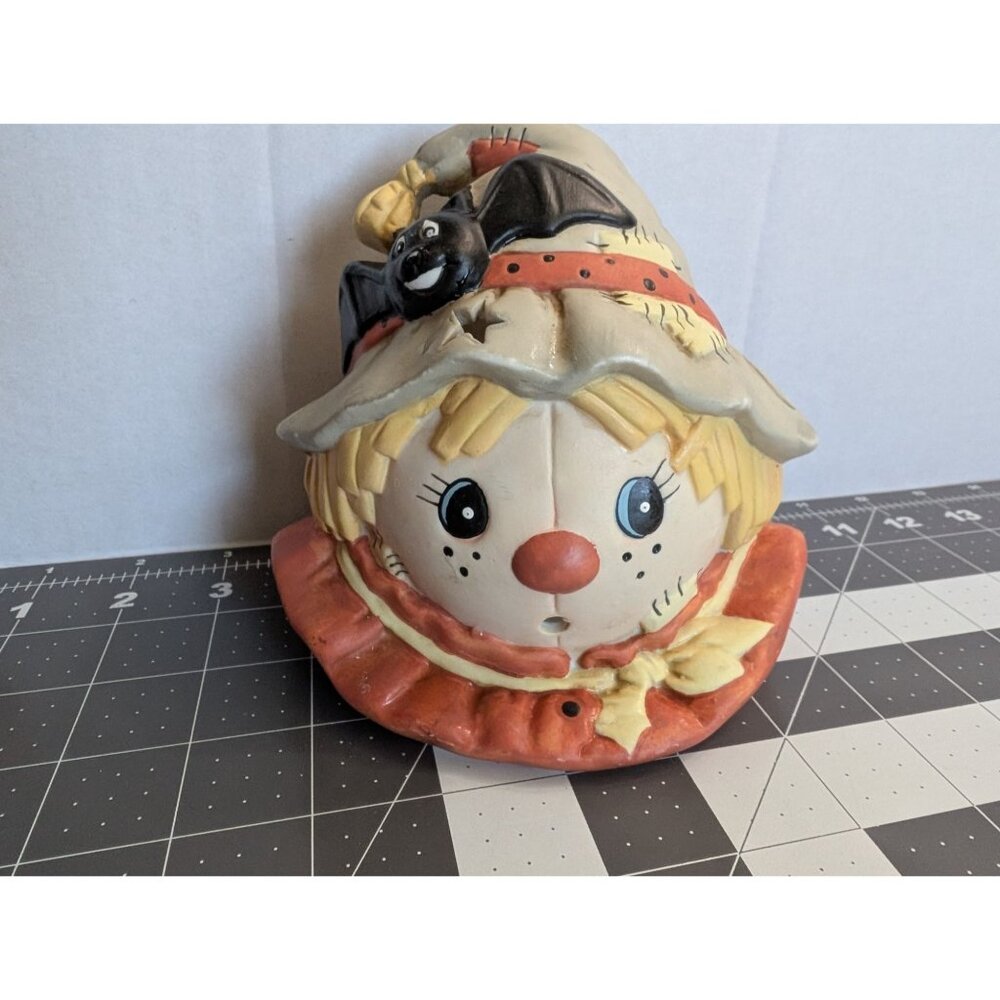 Hallowen Fall Scarecrow porcelian Scarecrow Head‎ w/ Bat candle holder 6 inch